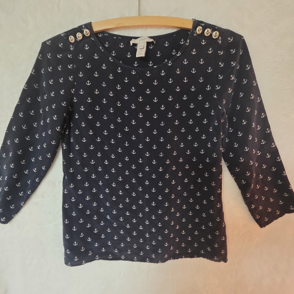 J.Crew 100% Silk Navy Blue & White Nautical Print Long Sleeve Blouse Size 00 P.
